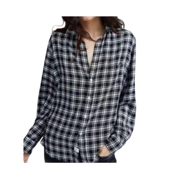 Frank & Eileen Black and White Modal Plaid Button Up Long Sleeve Top Size Medium - Picture 2 of 12